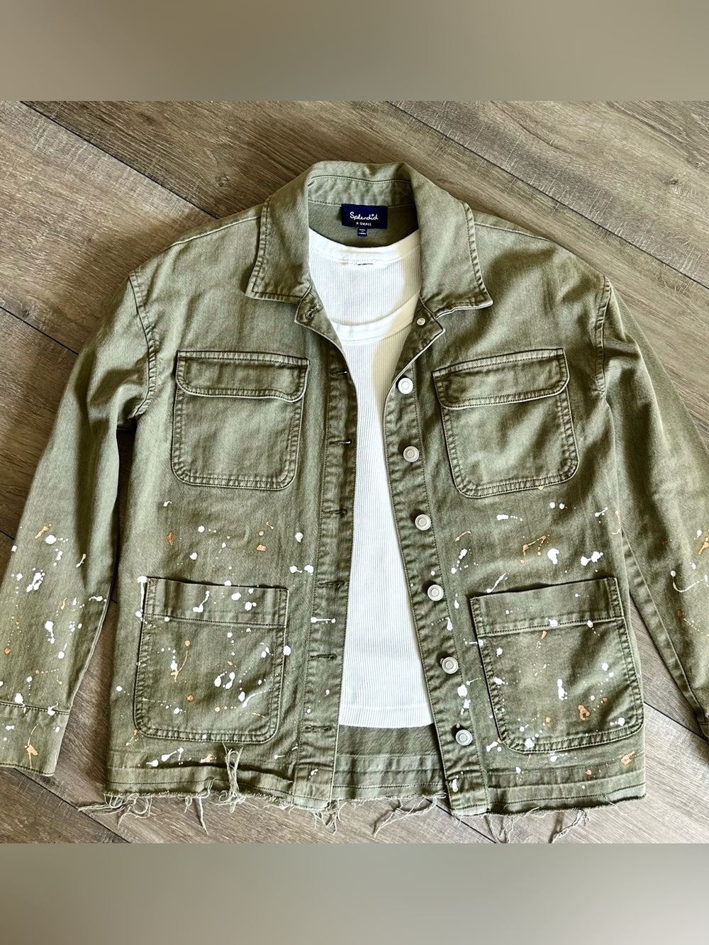 Splendid Olive Utility Cargo Chore Jacket Paint Splatter XS